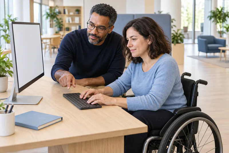 Deux collègues, dont une personne en fauteuil roulant, testent un parcours au clavier.