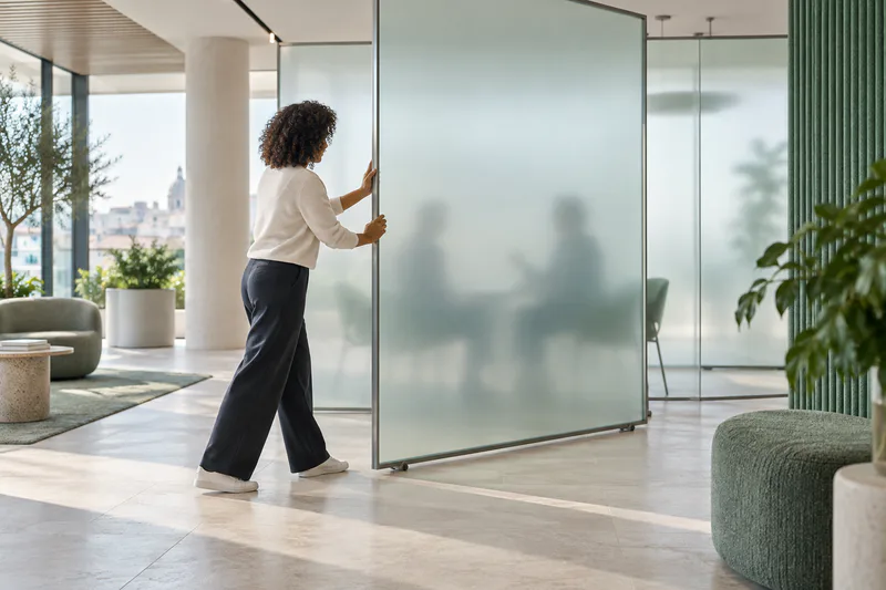 Une professionnelle ferme une paroi de verre dépoli autour d’un espace de discussion.