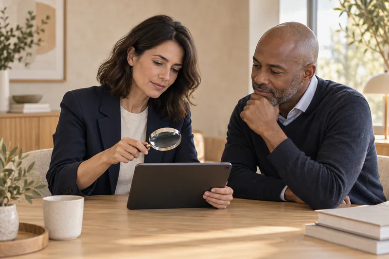 Une spécialiste accompagne une vérification d’entrée en relation sur une tablette sans texte lisible.