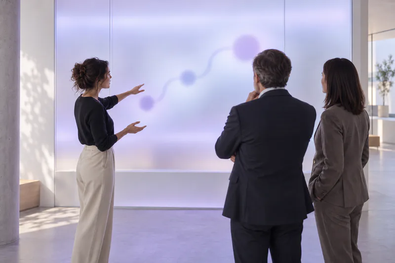 Une présentatrice fait découvrir un parcours numérique à deux responsables de programme.
