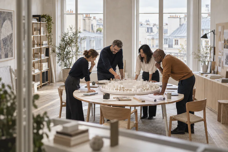 Une équipe anonyme travaille sur une maquette de service dans un atelier lumineux.