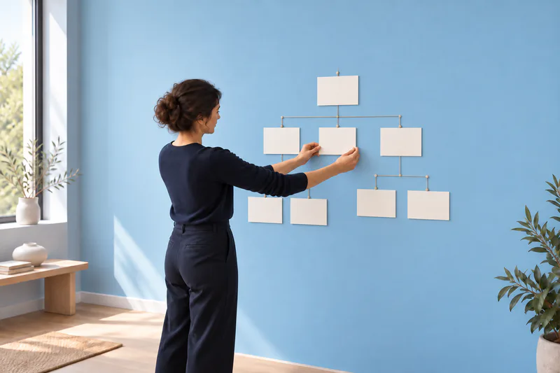 Une architecte de l’information organise des cartes vierges en arborescence sur un mur.