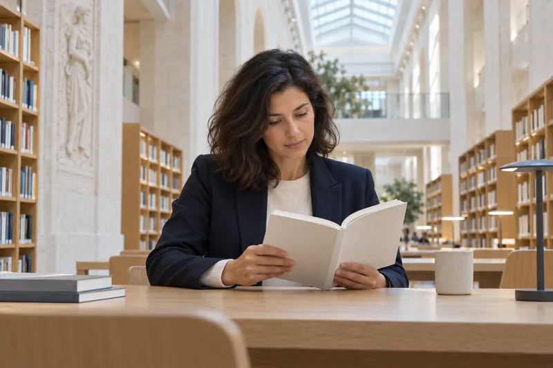 Une responsable institutionnelle consulte des ressources dans une bibliothèque contemporaine.